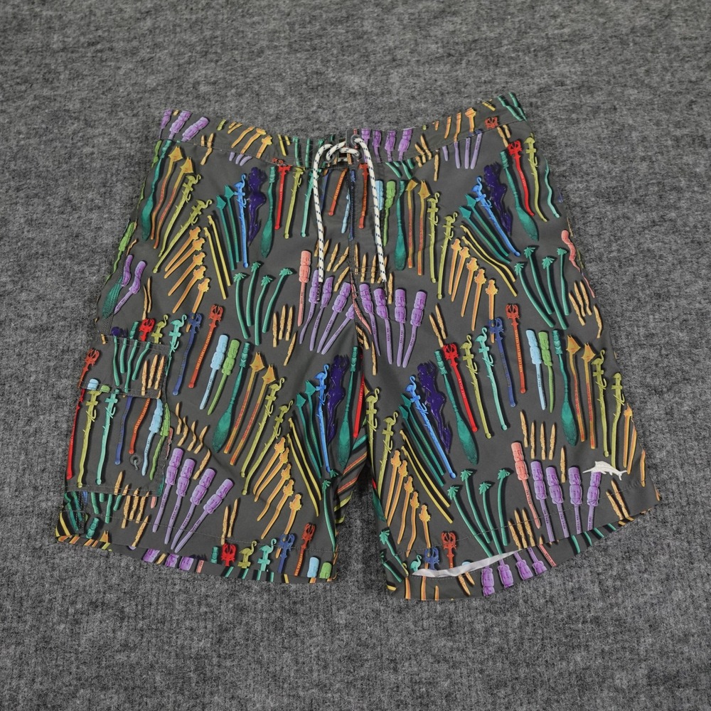 Tommy Bahama Relax Swim‎ Trunks Mens Large Gray Swizzle Stick Print Lined Shorts